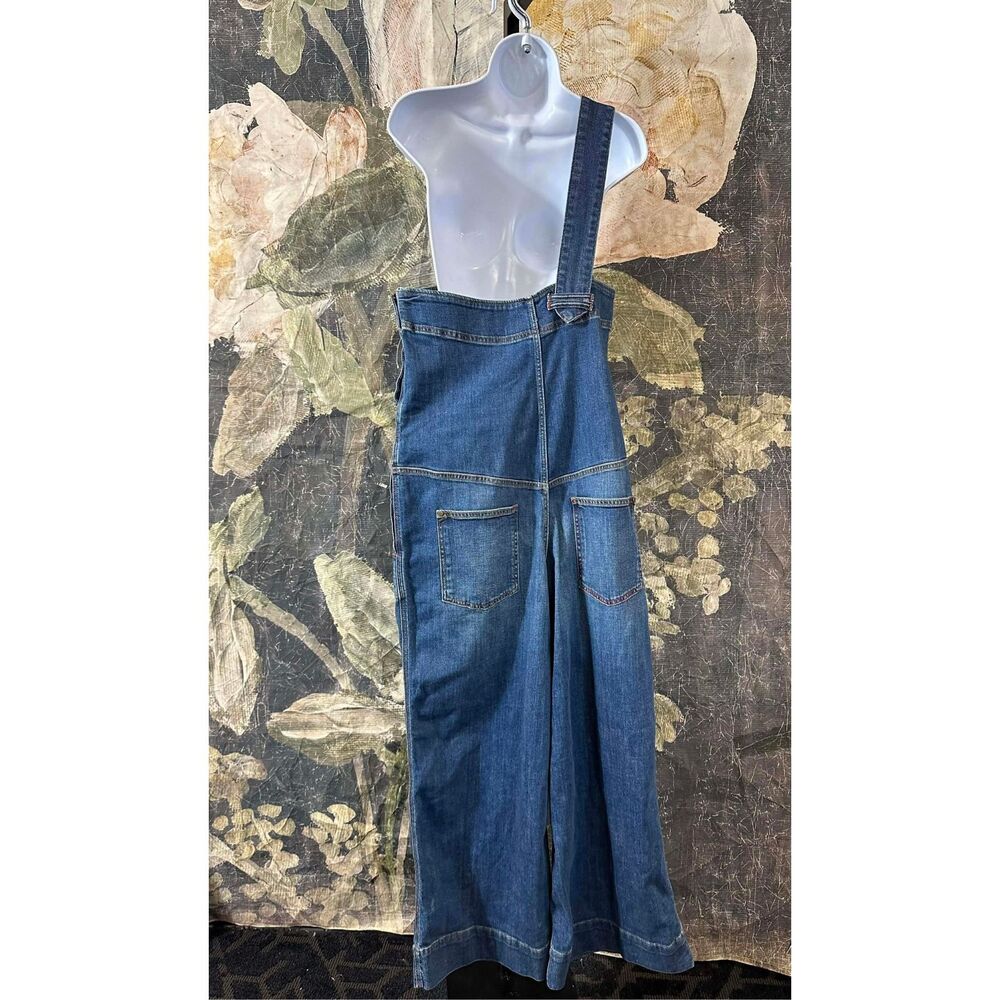 Anthropologie Dark Blue Denim Wide-Leg Asymmetric Overalls Jumpsuit - Picture 6 of 11